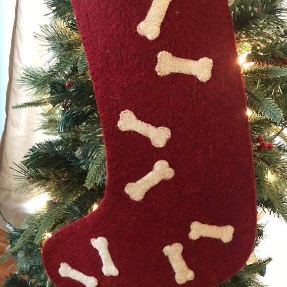 Handmade felted wool Christmas stocking with bone applique and elf toy - Picture 4 of 5